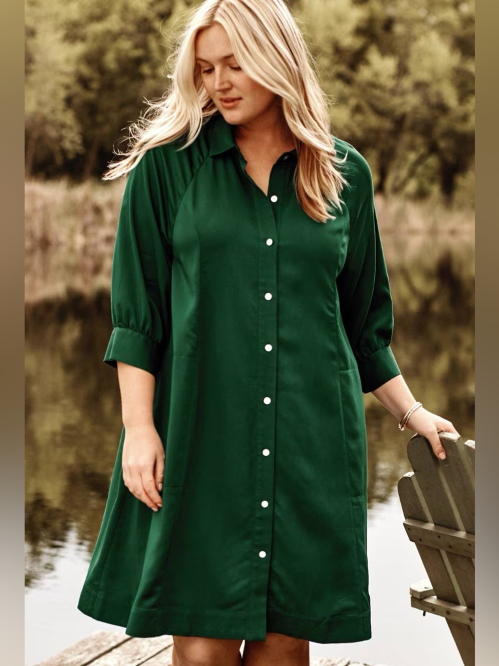 J. Jill pintucked A-line shirtdress in emerald green jewel tone boxwood medium